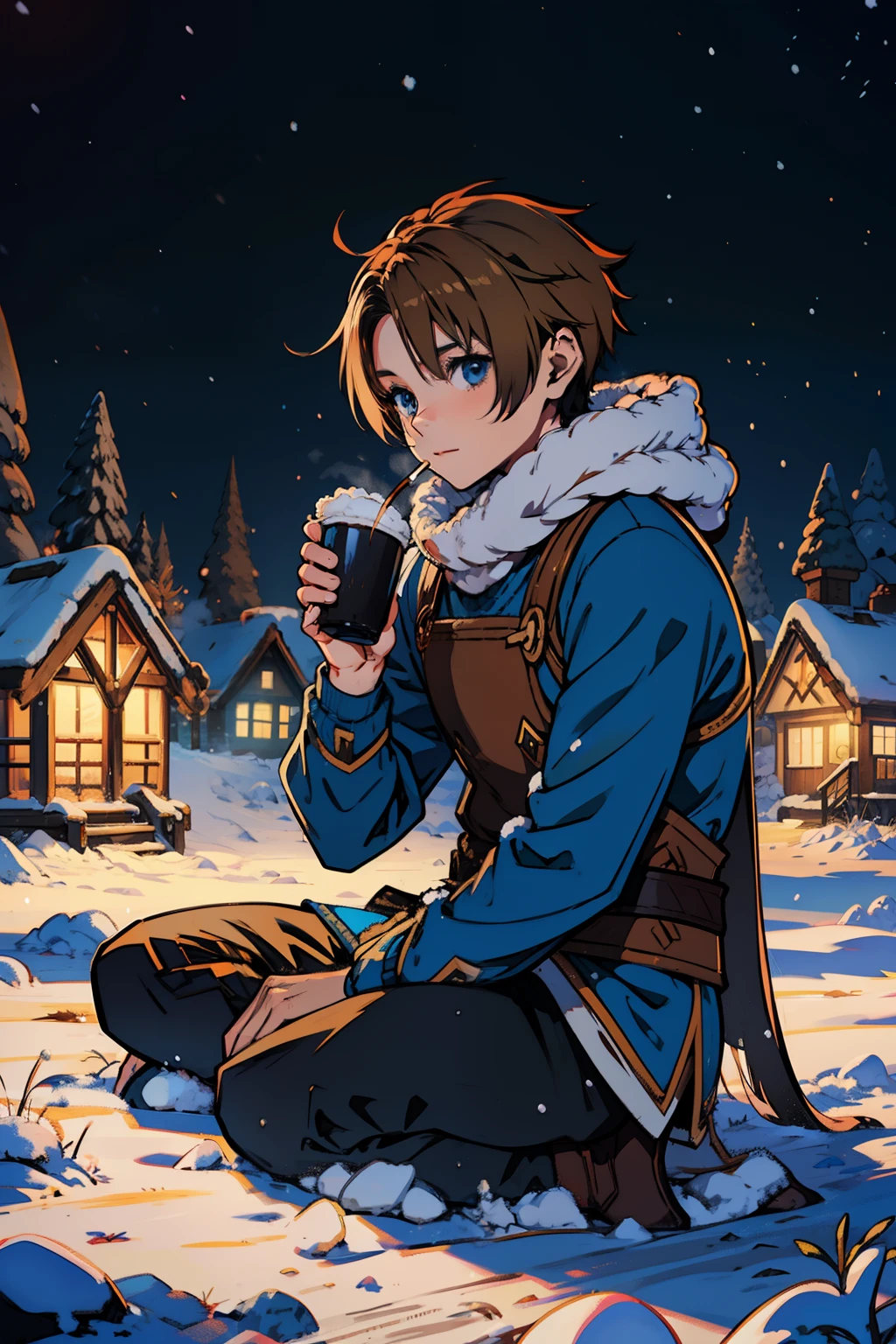 anime, final fantasy tactics style, young boy, brown fur, in the snow, cold clothes, blue sweater, black pants, in a snow village , blue snow, sitting on the ground, drinking coffee, 4k