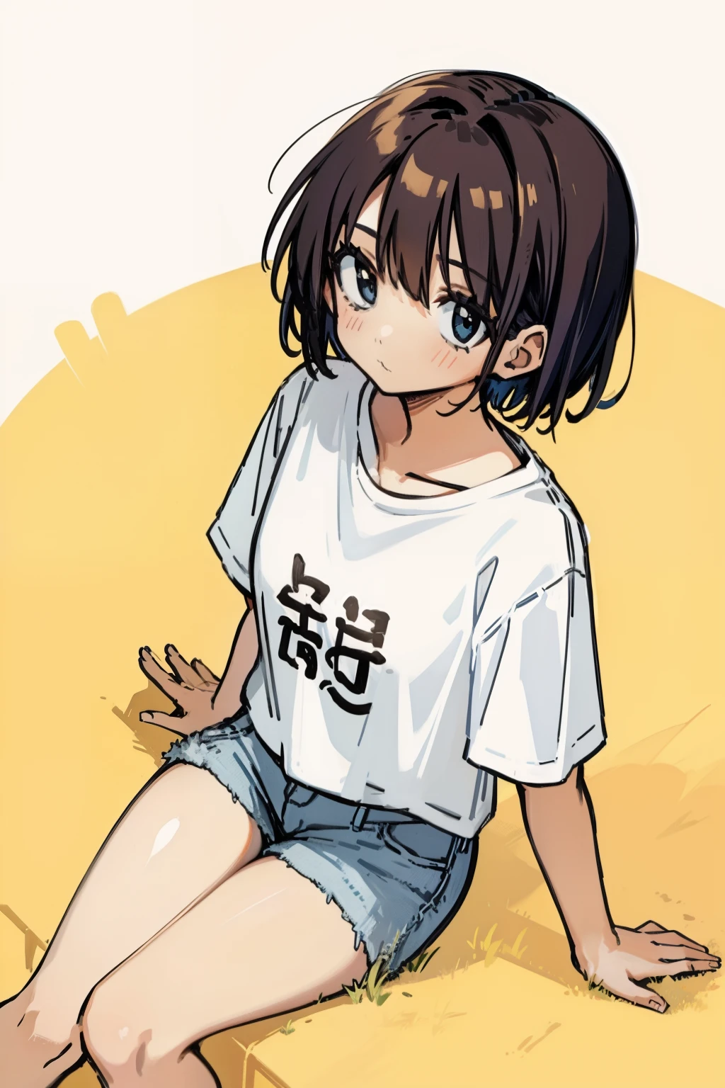 白いTシャツとジーンズのショートパンツを着て床に座っている背中の短い髪の女の子