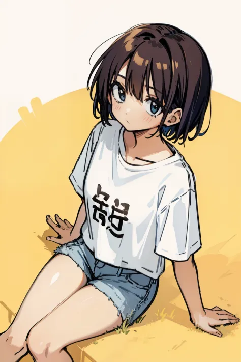 Short-haired girl on her back sitting on the floor wearing a white T-shirt and jean shorts