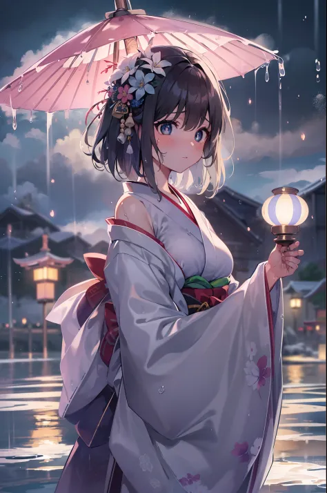 1girl, breasts, moon, lantern, night, solo, large breasts, hair ornament, wet, kimono, japanese clothes, wading, water, hair flower, flower, outdoors, sky, full moon, rain, black hair, off shoulder, mountain, cloud, holding, sash, bare shoulders, paper lan...