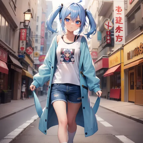Anime style、女の子1人、full body Esbian、expressionless face、{hairstyle on:(Twin-tailed),(one eye covered),(Cover your right eye),(blue hairs),(Ahoge)},blue eyess,light blue cardigan,White inner shirt,jeans,Blue sneakers,facing front,to stand,