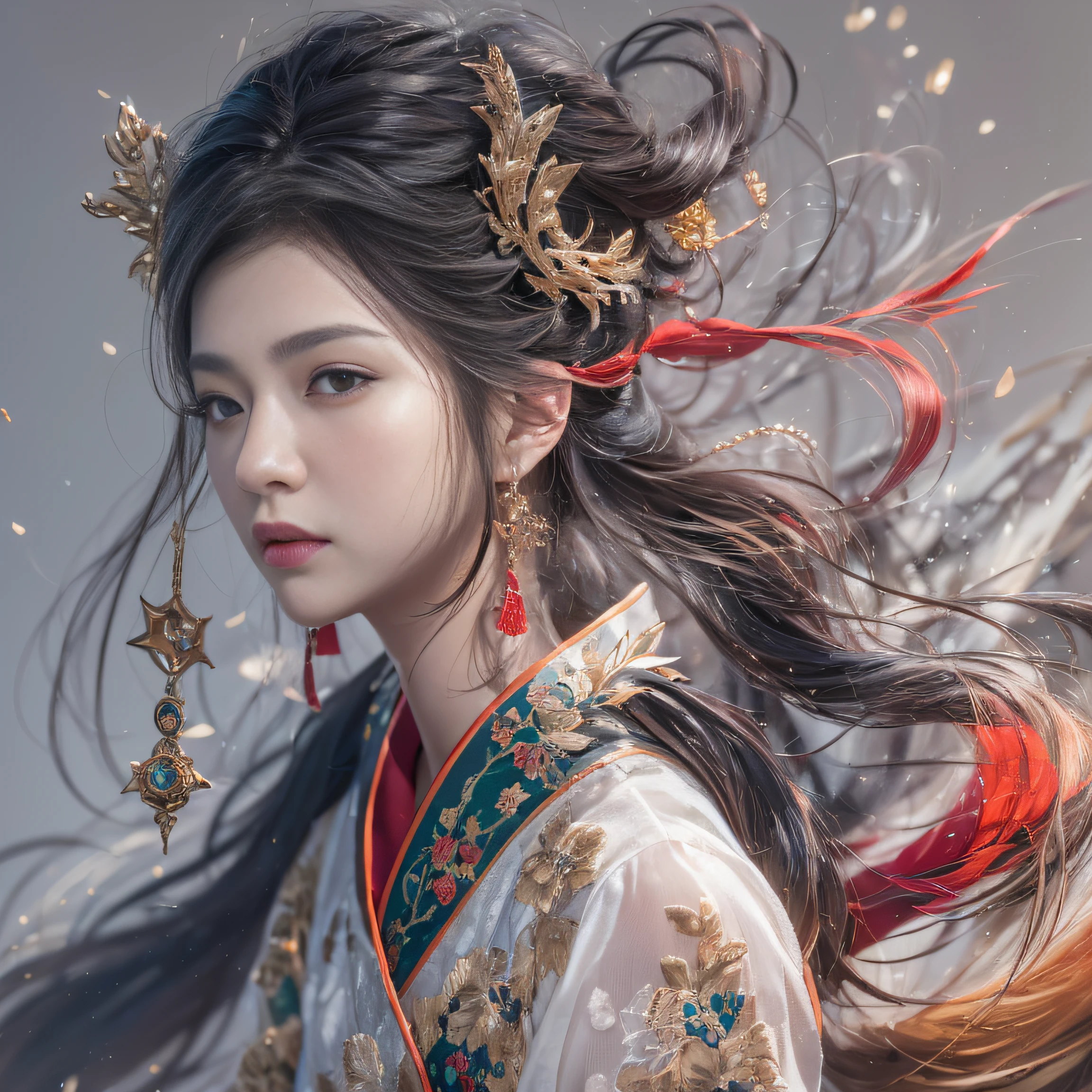 32K（tmasterpiece，k hd，hyper HD，16k）Flowing short hair，Backroom pond，zydink， a color，  Asian people （Female Student）， （Silk scarf）， Combat posture， looking at viewert， long whitr hair， Floating hair， Hanfu， Chinese clothes， longer sleeves， （abstract ink splash：1.2）， white backgrounid，Kirin Beast Protector （realisticlying：1.4），，Snowflakes fluttering，The background is pure， A high resolution， the detail， RAW photogr， Sharp Re， Nikon D850 Film Stock Photo by Jefferies Lee 4 Kodak Portra 400 Camera F1.6 shots, Rich colors, ultra-realistic vivid textures, Dramatic lighting, Unreal Engine Art Station Trend, cinestir 800，