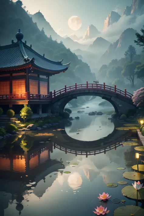 Great mountains and waters，China-style，small bridge flowing water，A school of small red fish，Lotus water moon，Fogging in the water，Under the eaves，In the yard，Totem four sides，Red tree，large scene，White gray background，Small pavilion，ink wash style，Peach b...