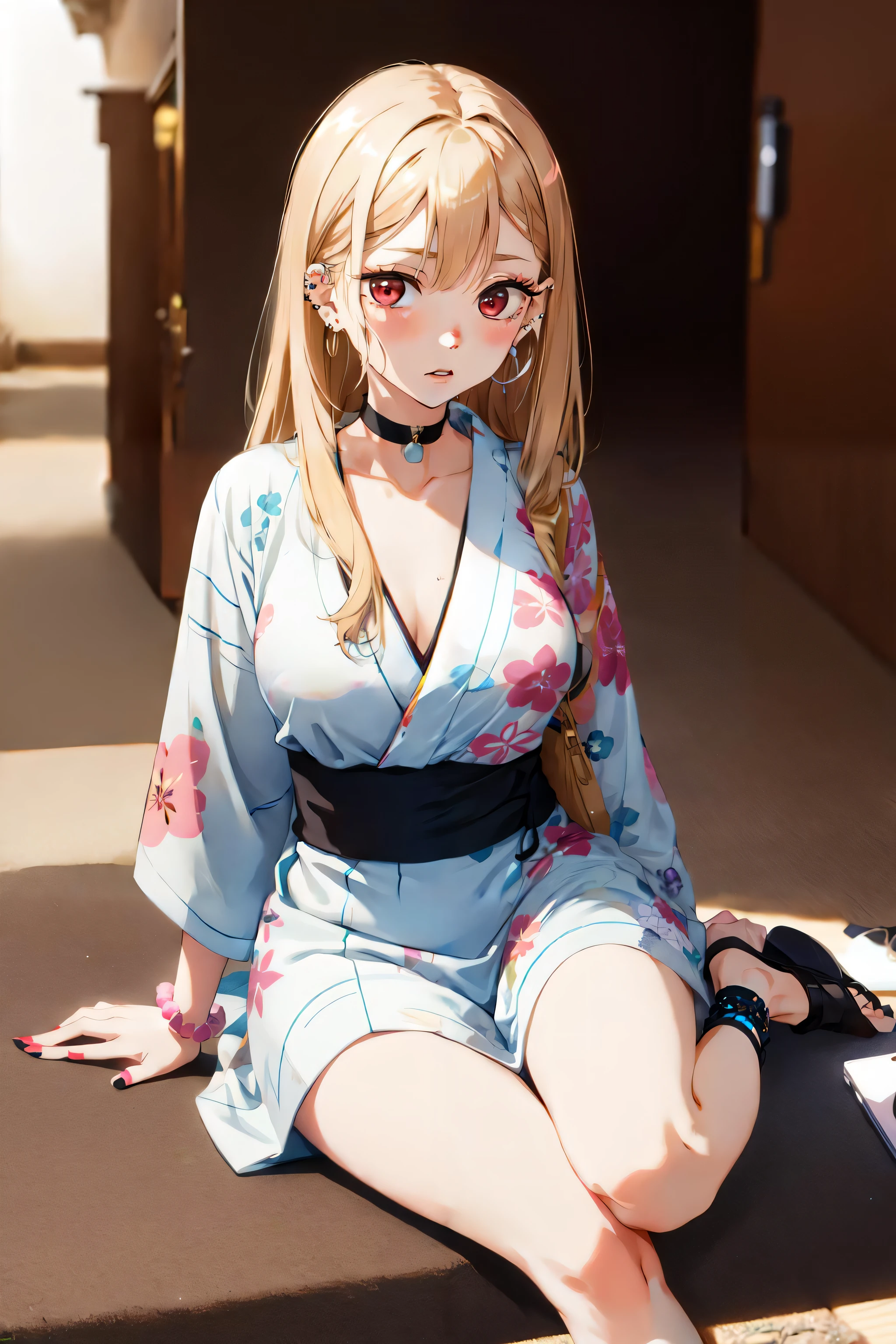 1girl,  Marin Kitagawa, long hair, blonde hair, red eyes, piercing, earrings, ear piercing, stud earrings, black choker,  bead bracelet, wrist scrunchie, long fingernails, gyaru, (yukata:1.2), shy, white toe socks, clogs, sit on the ground,, (masterpiece:1.2), highres, best quality, 8k, very clear,