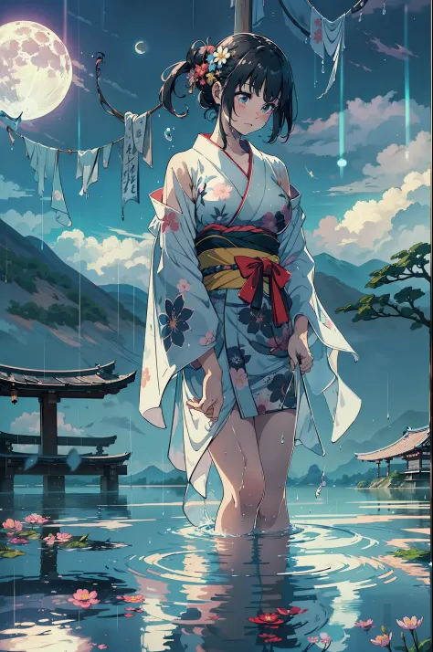 1girl, breasts, moon, lantern, night, solo, large breasts, hair ornament, wet, kimono, japanese clothes, wading, water, hair flo...