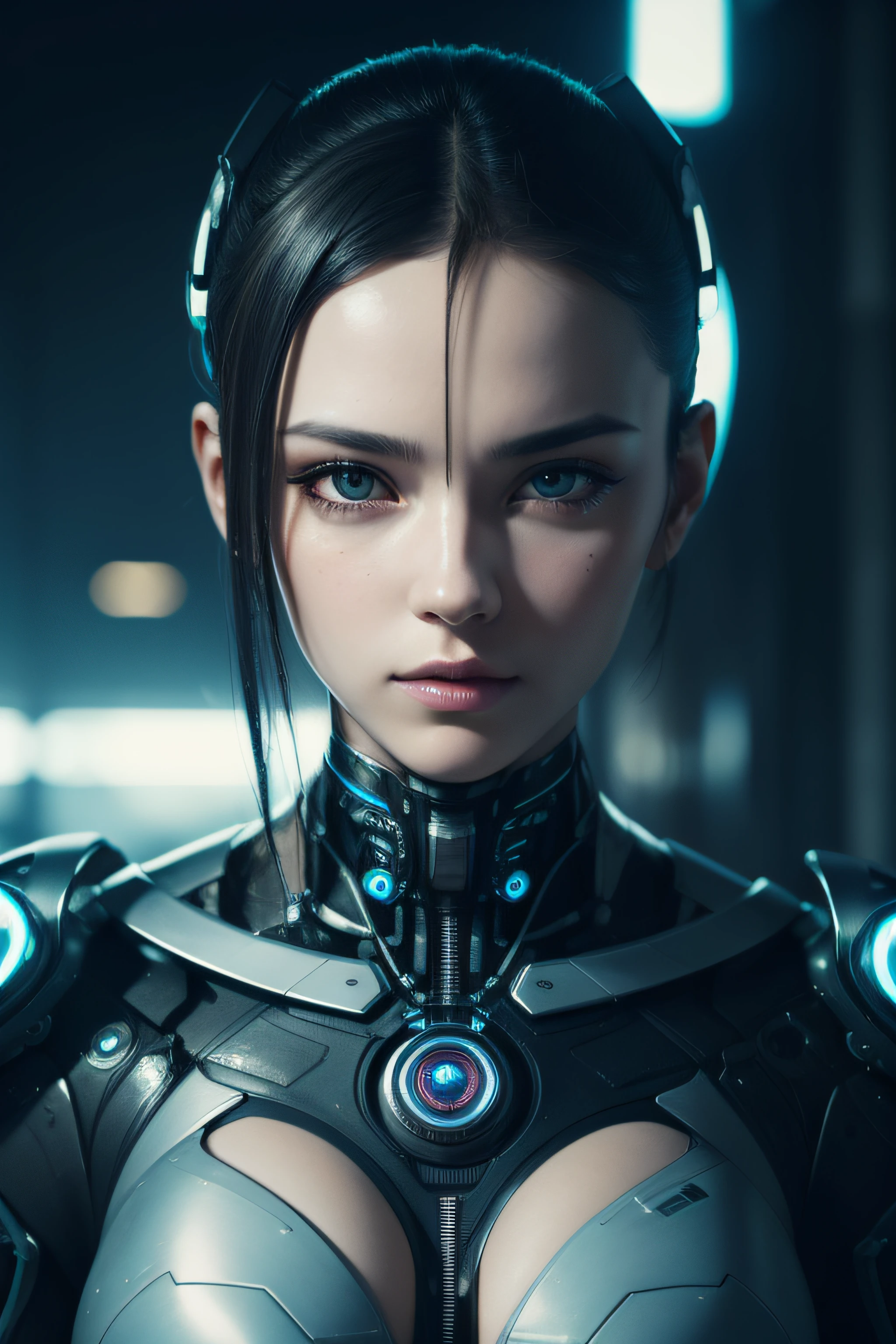 Centered portrait of an ultra detailed Mechanical Cyberpunk Female Android, looking into the camera, intricate, elegant, super highly detailed, smooth, sharp focus, no blur, no dof, extreme illustration, Unreal