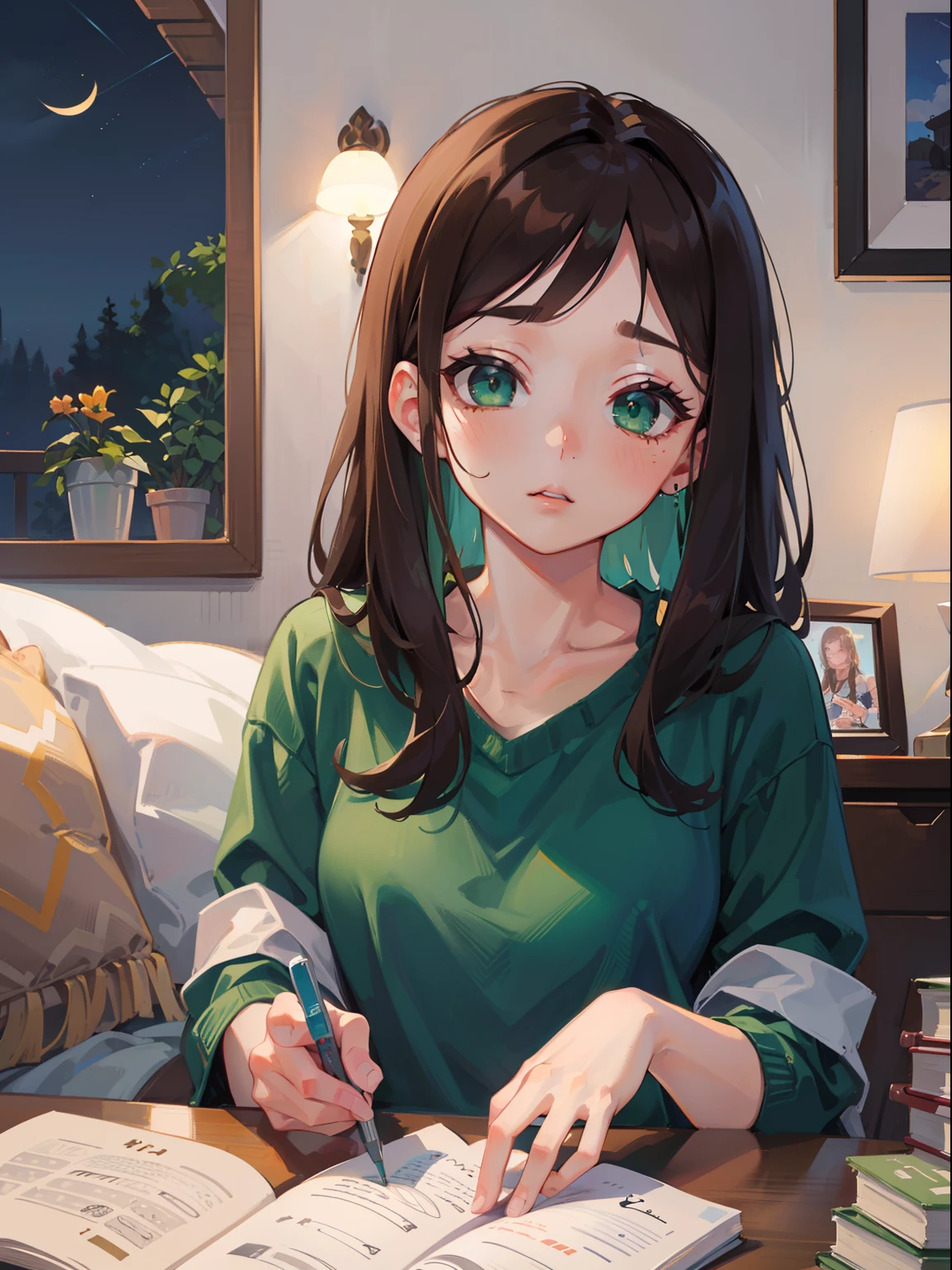 masterpiece), best quality, beautiful detailed hair detailed face, ultra high res, sharp focus, ((1 woman, solo)), perfect feminine face, upper body, medium long shot, MLS, (at the night time:1.5), in bedroom, ((sitting on the bed)), reading book, ((beautiful shape eyes, green eyes)), chesnut brown hair, messy long hair, (sleepy face:1.2)