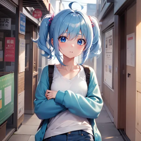 Anime style、女の子1人、full bodyesbian、expressionless face、{hairstyle on:(Twin-tailed),(one eye covered),(Cover your right eye),(blue hairs),(Ahoge)},blue eyess,light blue cardigan,White inner shirt,jeans,Blue sneakers,facing front,to stand,