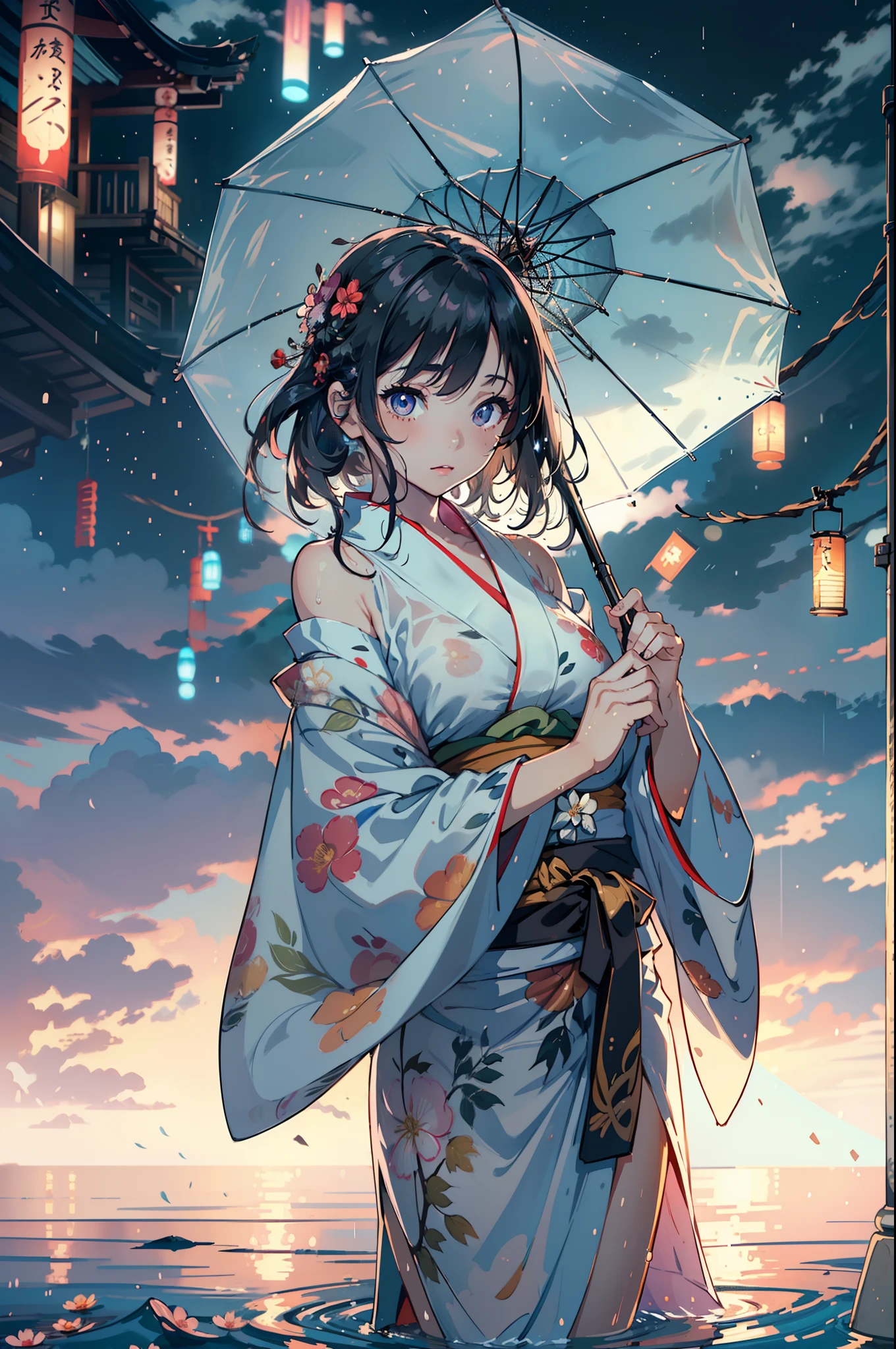 1girl, breasts, moon, lantern, night, solo, large breasts, hair ornament, wet, kimono, japanese clothes, wading, water, hair flower, flower, outdoors, sky, full moon, rain, black hair, off shoulder, mountain, cloud, holding, sash, bare shoulders, paper lantern, standing, white kimono, night sky, sideboob, obi, wet clothes, bangs, tree, from side, reflection, short hair, cloudy sky, wet hair (((masterpiece),(extremely detailed CG unity 8k wallpaper),best quality,,solo,1girl,cinematic lighting,detailed background,beautiful detailed eyes,bright pupils, (an extremely delicate and beautiful),(Beautiful and detailed eye description)， ultra-detailed,masterpiece,))