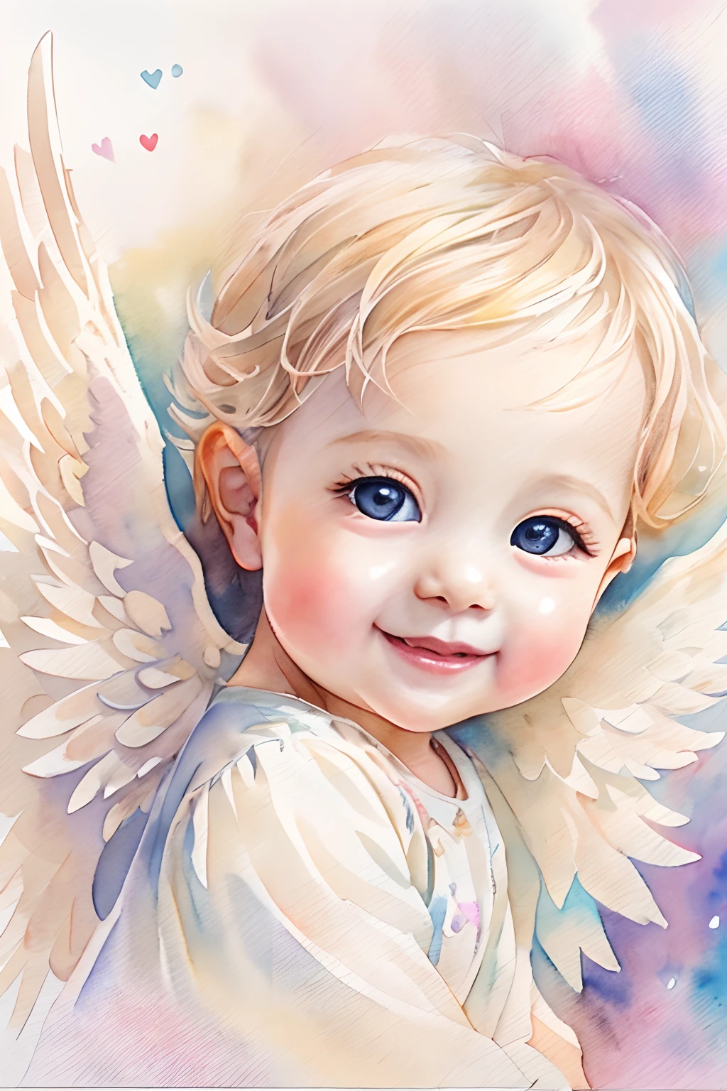 천사의 축복､밝은 배경、하트마크、유연함､미소、온화한､아기 천사、수채화 물감