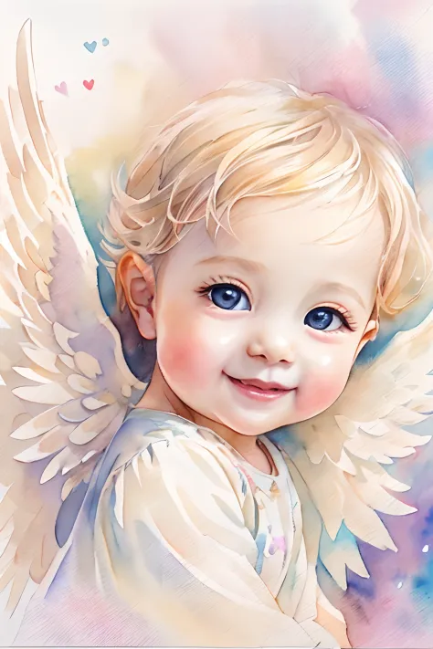 Blessings of Angels､Bright background、heart mark、tenderness､A smile、Gentle､Baby Angel、watercolor paiting