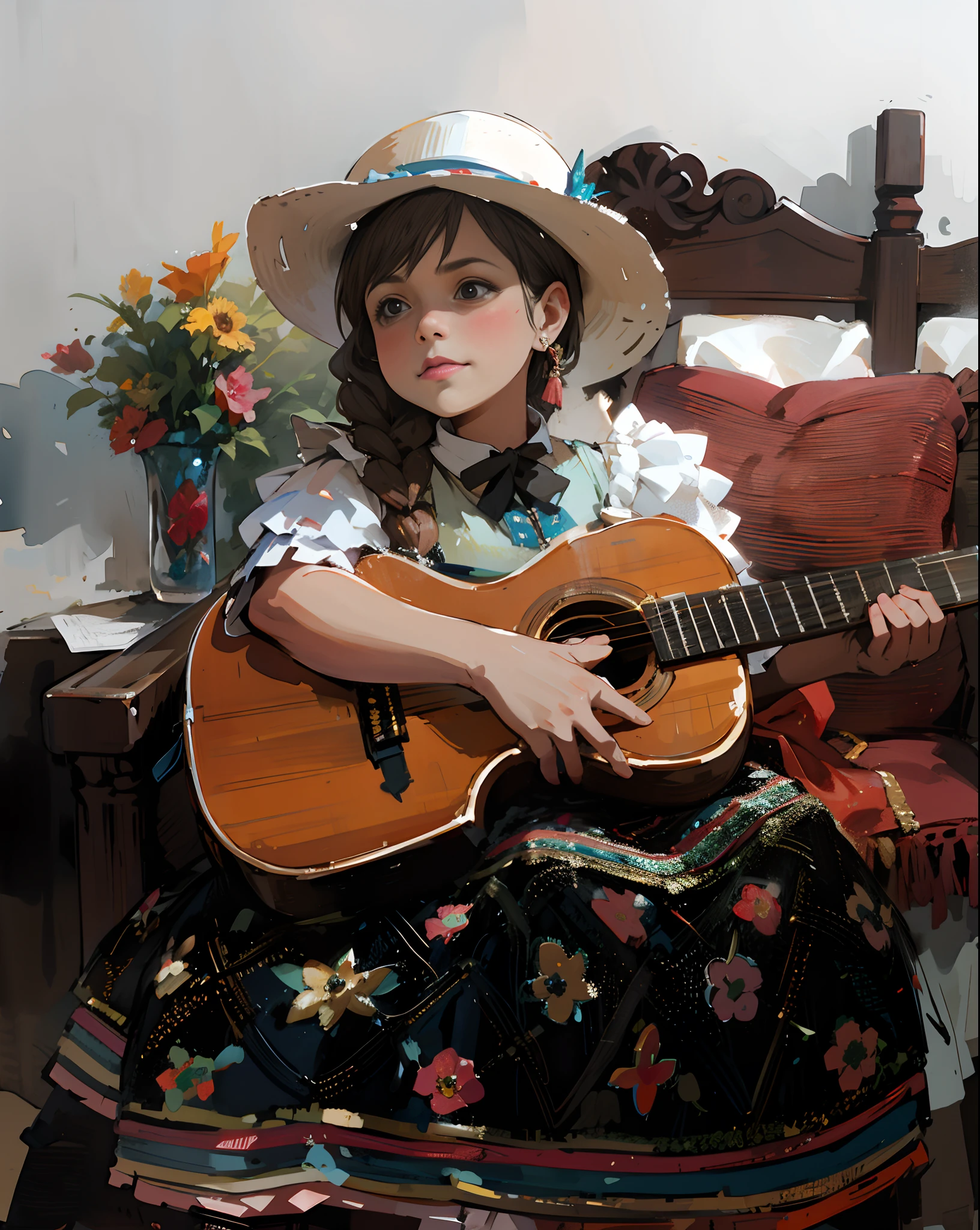 watercolor illustration, ink, girl dressed in typical Colombian costume, playing guitar, latin woman faces, Traje traditional, folkloric, Ropa traditional, Vestimenta traditional, Bolivian cholitas, wearing authentic attire, Vestimenta traditional, Colombian folklore, Vestir atuendos traditionales, elaborately disguised, authentic costume, Santander peasant, traditional, It lasts, profusely dressed, latin american nose, Beautiful woman, faded background, White background, papel carpet, manchas de ink, watercolor style, Defined contours, watercolor