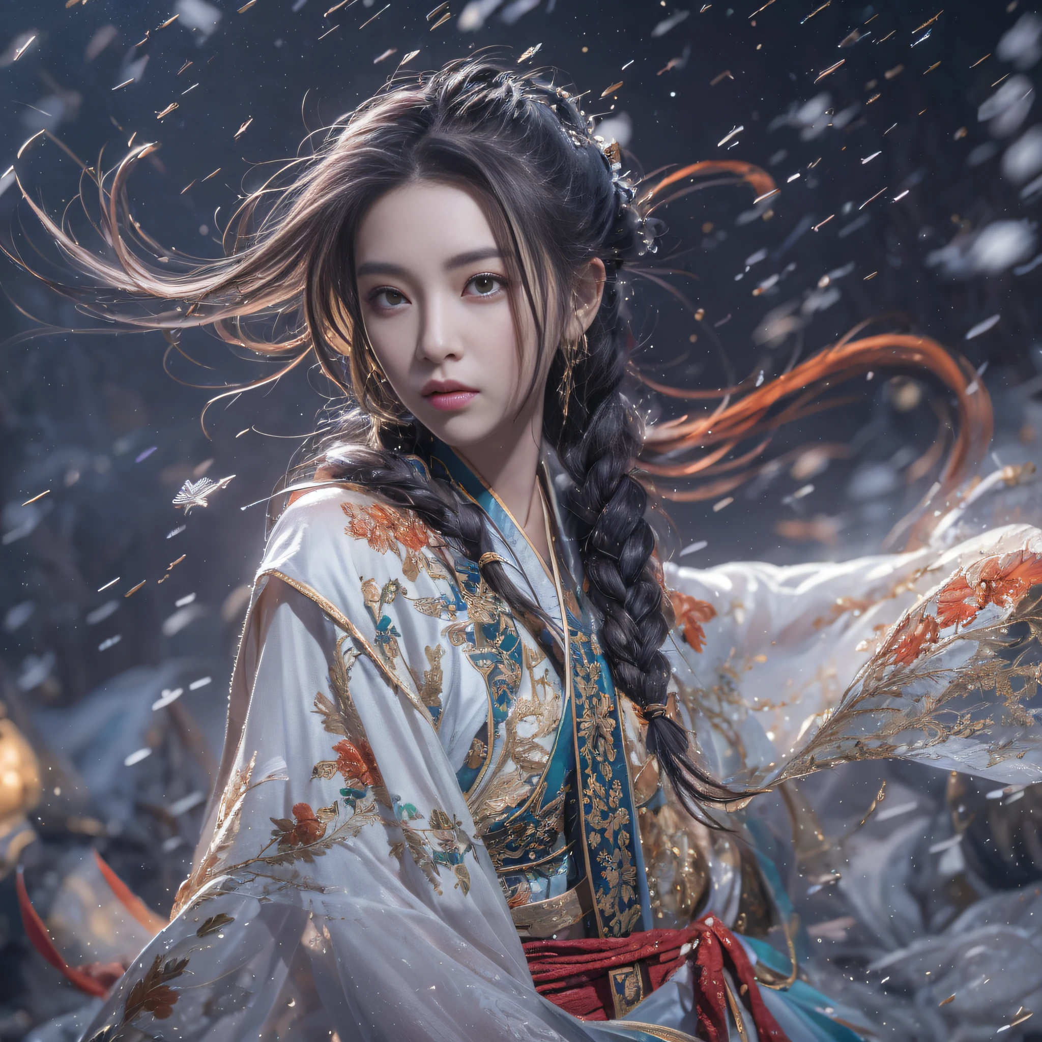 32K（tmasterpiece，k hd，hyper HD，16k）Flowing short hair，Back room pond，zydink， a color，  Asian people （Female Student）， （Silk scarf）， Combat posture， looking at viewert， long whitr hair， Floating hair， Hanfu， Chinese clothes， longer sleeves， （abstract ink splash：1.2）， white backgrounid，Kirin Beast Protector （realisticlying：1.4），，Snowflakes fluttering，The background is pure， A high resolution， the detail， RAW photogr， Sharp Re， Nikon D850 Film Stock Photo by Jefferies Lee 4 Kodak Portra 400 Camera F1.6 shots, Rich colors, ultra-realistic vivid textures, Dramatic lighting, Unreal Engine Art Station Trend, cinestir 800，