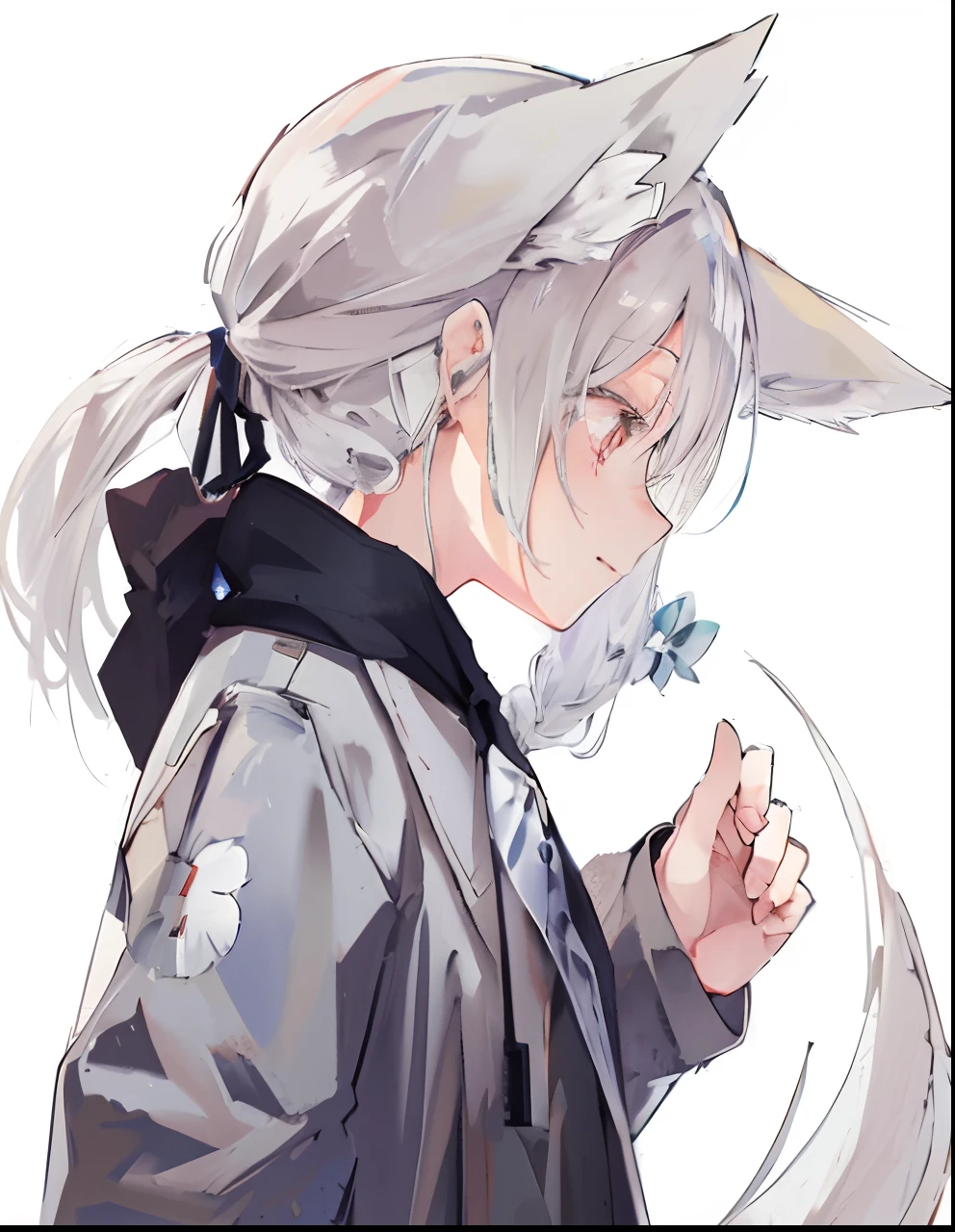 Anime girl with long white hair and black jacket holding flowers, Silver hair (pony tails), White-haired fox, From Arknights, beautiful anime catgirl, anime girl profile, anime girl with cat ears, Hold the flower with your index finger, female anime character, Anime figure, cute anime catgirl, (Anime girl), An anime girl, Holo is a wolf girl