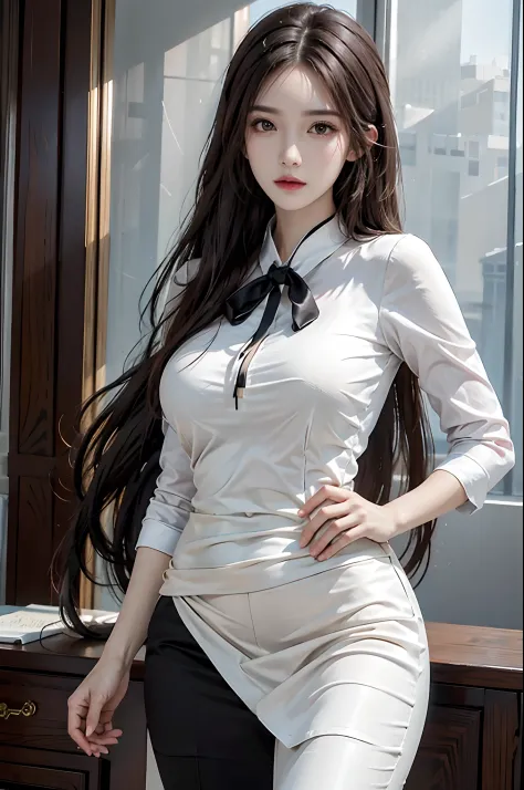 photorealistic, high resolution, soft light,1women, solo, hips up, look at viewer, (detailed face), long hair, secretary uniform...