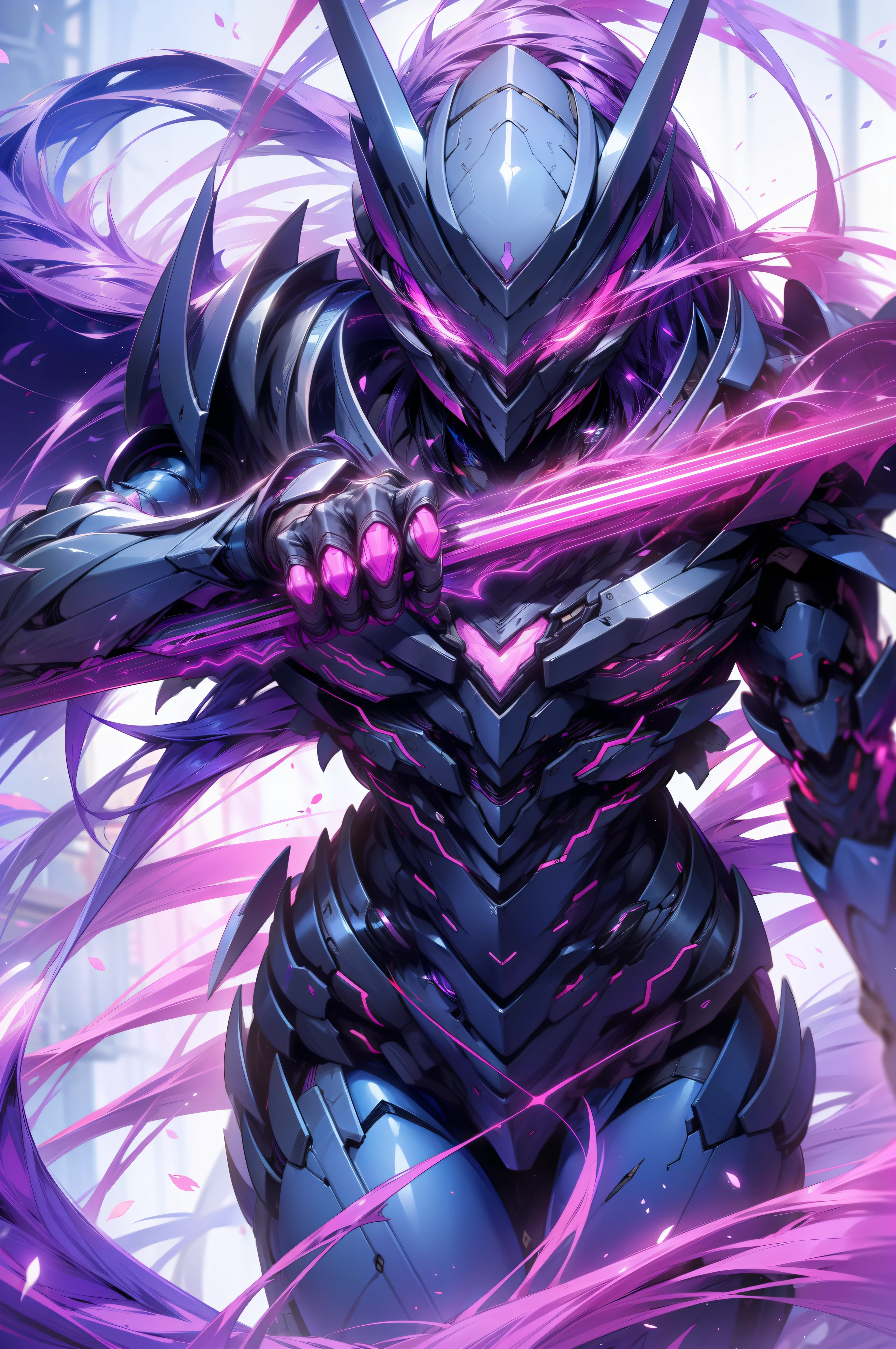 DARK PURPLE VOID WALKER WARRIOR, no helmet, holding a purple neon kitana, rage unleashed beautiful eyes and long flying hair.