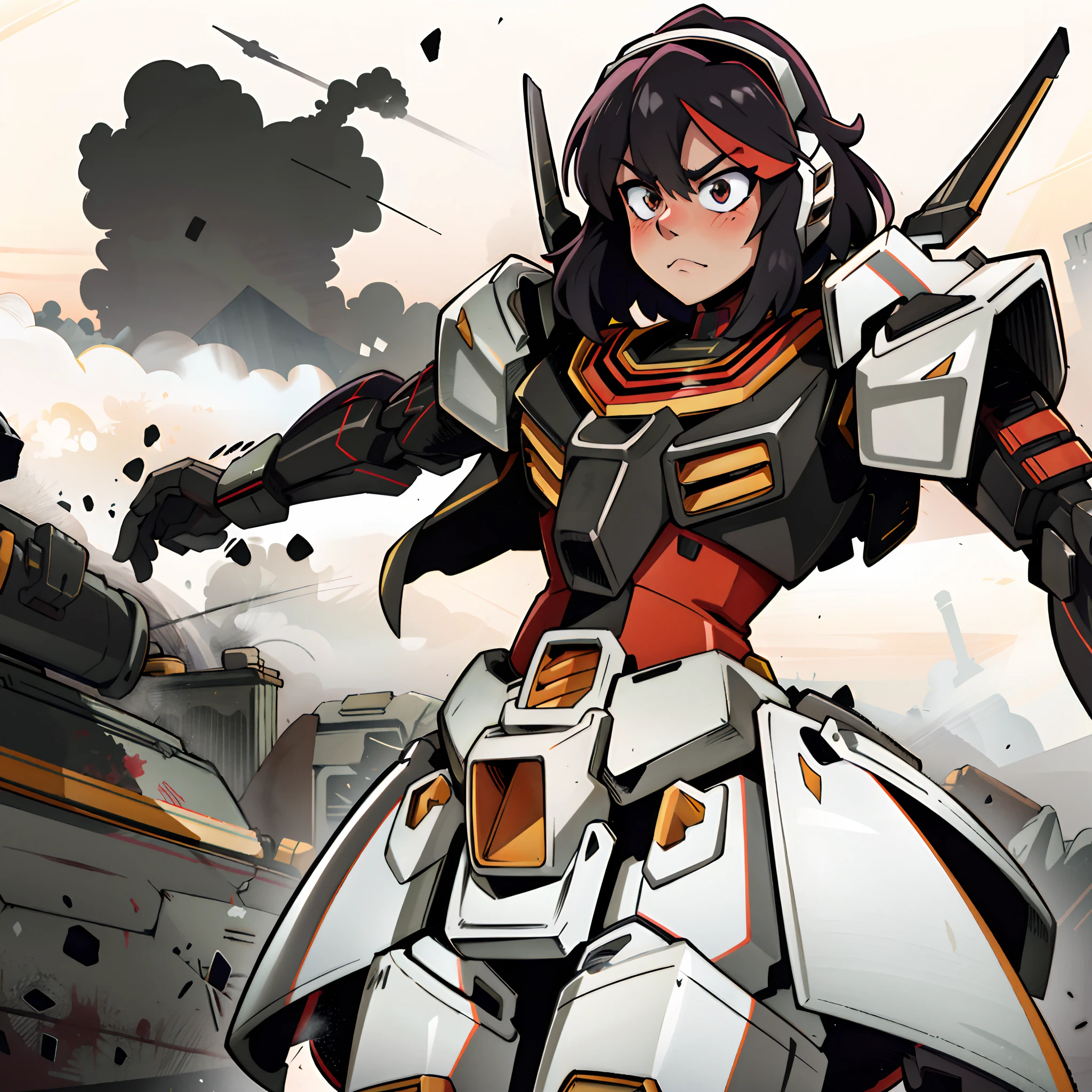 "Ryuko Matoi looking at viewer while wearing a Gundam-inspired suit adorned with sleek and futuristic armor design, confused+flustered, blushing, closed smirk”