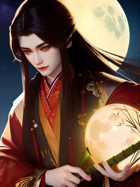Best Quality, masutepiece, highly detailed wallpaper, Moon, Long hair, 1boy, Male Focus, Night, holding animal, skyporn, Upper b...