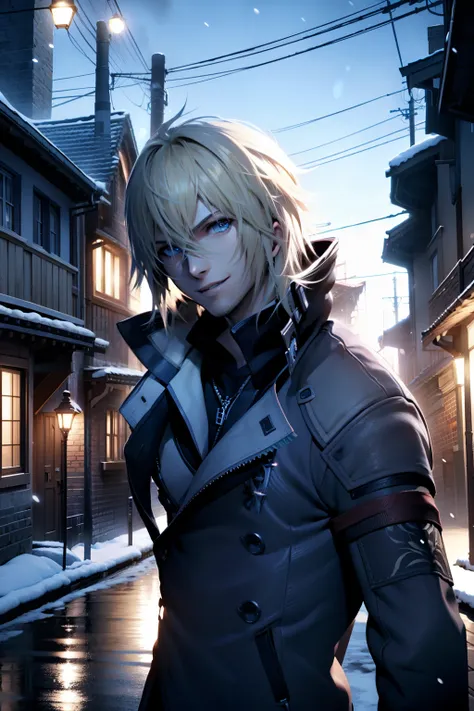 young man, long blond hair, and, blue eyes, final fantasy xiii neve villers, looking at viewer. in a snowy village, at night, sm...