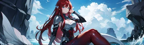 mermaid, dark red mermaid tail, dark red hair and blue eyes, gray stone armor, best quality, masterpiece