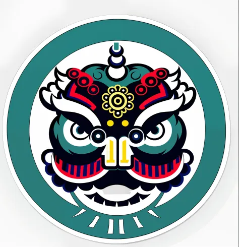 A close-up of a color picture of the face,, ancient china art style, Oriental face, 中 国 鬼 节, stickers illustrations, ornate mask, asura from chinese myth, symmetrical sticker design, third lion head, Vector stickers，Colorful logo,white backgrounid，Simple p...