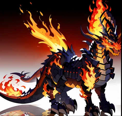 There is a dragon with fire on its back, Fire Dragon, deathwing, black fire color reflected armor，metall armour，fire flaming dragon serpent, fire and flames mane, theelementoffire, fire flaming serpent, flame conjuring armored, fire demon, dragon made out ...