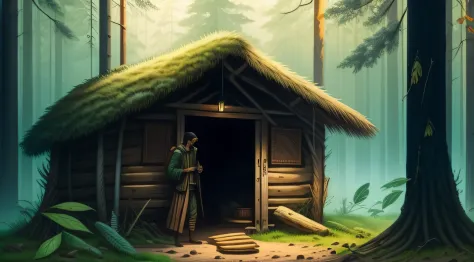 Young man in a hut with an old sage in the forest