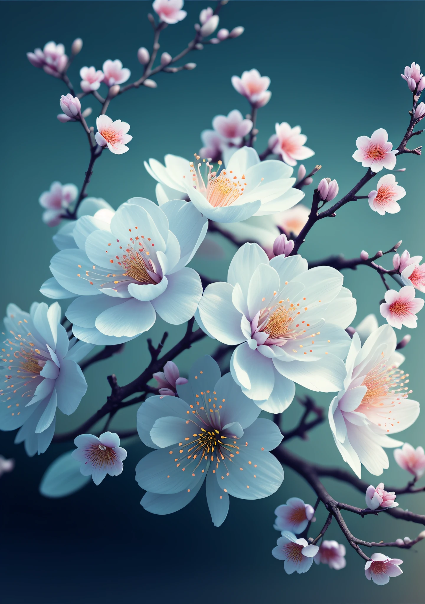 Close-up of a bouquet of peach blossoms on a tree branch，peach blossom：1.2，Oriental elements，paul barson，blossoms，beautiful digital artworks，beautiful digital art，flowers and blossoms，surreal waiizi flowers，beautiful  flowers，flowers in full bloom，flowers with intricate detail，Incredibly beautiful，beautiful art，beautiful composition 3 - d 4 k，gorgeous digital art，