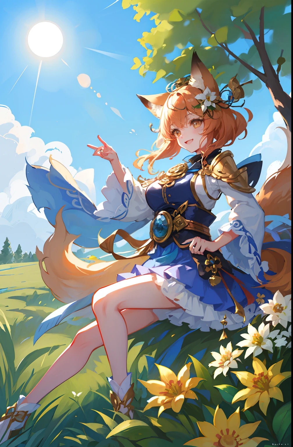 (super detailed), best quality, well-crafted illustration with a touch of cuteness - a fox girl, fox ear hair ornament, (floating in the air, with playful and lively expressions), dynamic poses and spontaneous movements, high resolution, (blue theme: 1.2), dynamic lights and shadows, surrounded by nature, (flowers and trees: 1.2), (bright colors: 1.1), and a touch of mystery in the background.