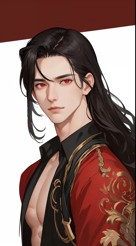 masterpiece, best quality, realistic, 1man, male focus, tall muscular, long wavy black hair, flying bangs, red eyes, handsome, b...