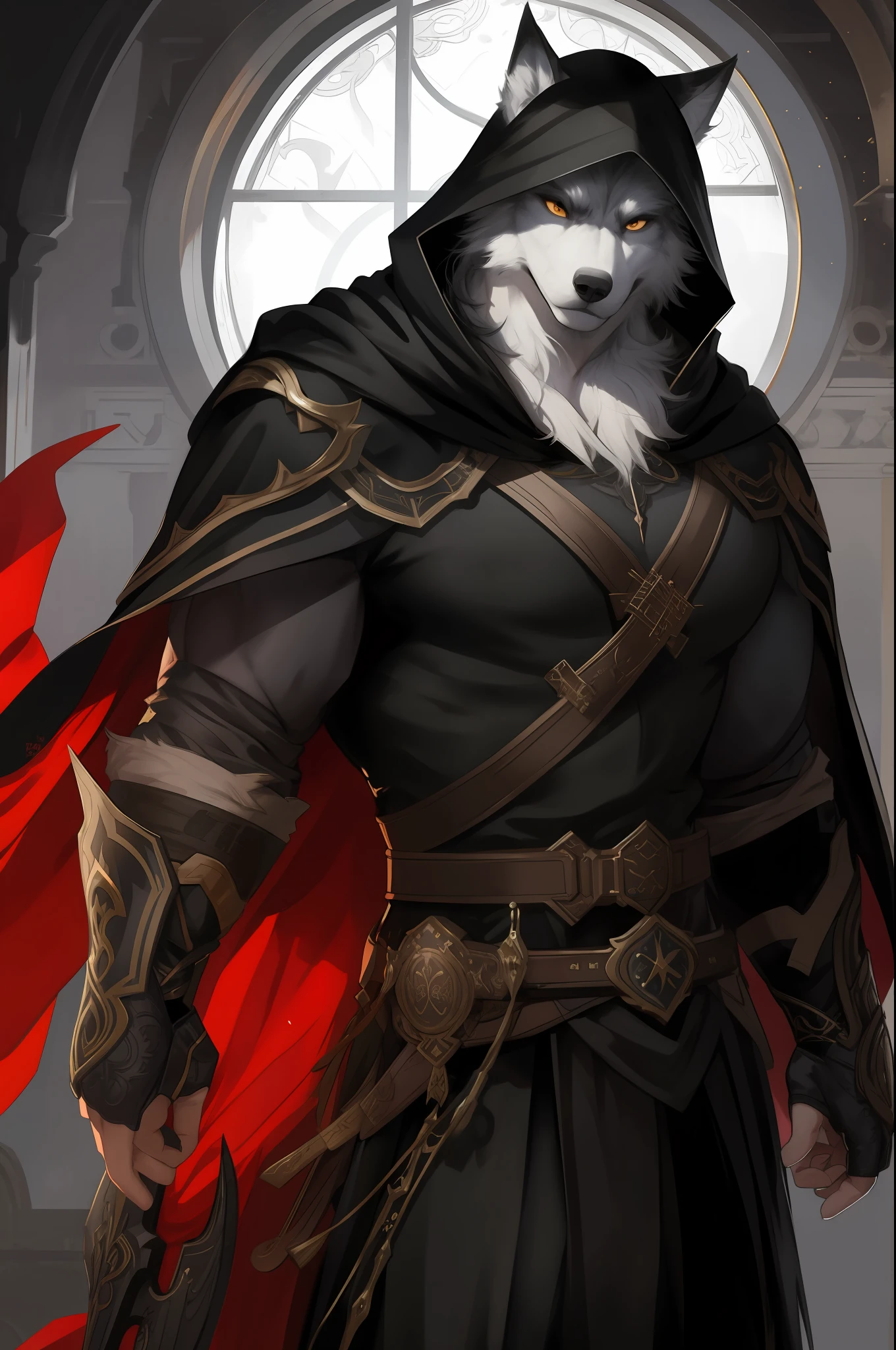 black cloak,Ruan Jia,Pino Daeni,darkgem,dimwitdog,muscular male wolf anthro, (detailed face), (detailed fluffy fur)