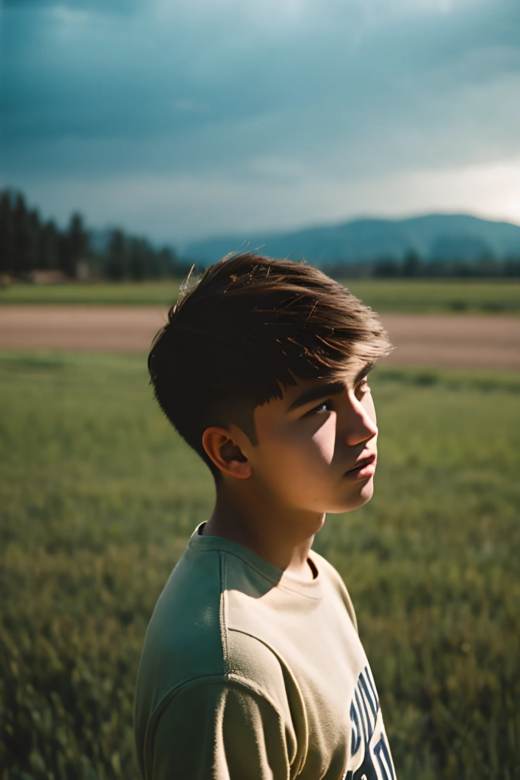 film photography portrait of a teenage guy, hyperrealistic, overcast lighting, shot on kodak portra 200, film grain, nostalgic mood