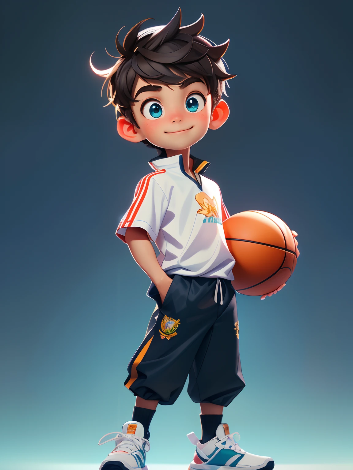 10 year old boy，Towards the future，tmasterpiece，HighestQuali，（（Photorealsitic：1.4））tmasterpiece，（tmasterpiece，Best quality at best）Five cute little boys，Wearing a red and white jersey，Black basketball sneakers，basketball ball，Elaborate Eyes，happy grin，clean backdrop，Delicate sheen，8K，C4D，rendering，illustratio，very delicate beautiful，highly detailed CG，8K wallpaper，astounding，finely detailled，highly detailed CG Unity 8K wallpapers，hugefilesize，super detailing，超A high resolution，A high resolution，Very detailed，（（very detailed eyes and faces）），Beautiful and delicate eyes，Very delicate face， perfect litthing，Facial light，Natural colors，（（10-year-old boy）），From the front light