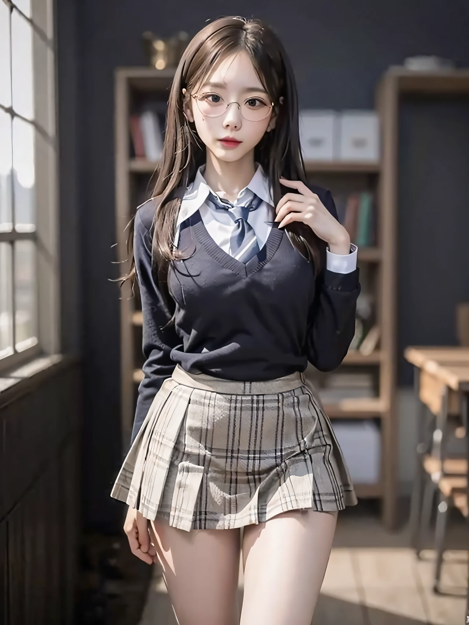 masterpiece, best quality, 1girl, (pureerosface_v1), (school uniform:1.2), (large breast, narrow waist), feature, glasses,  (dark background:1.2)
