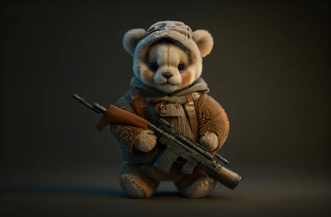 There's a teddy bear with a gun and a hat, Wojtek FUS, the teddy bear is holding a gun, Sergey Zabelin, Directed by: Adam Marczy...