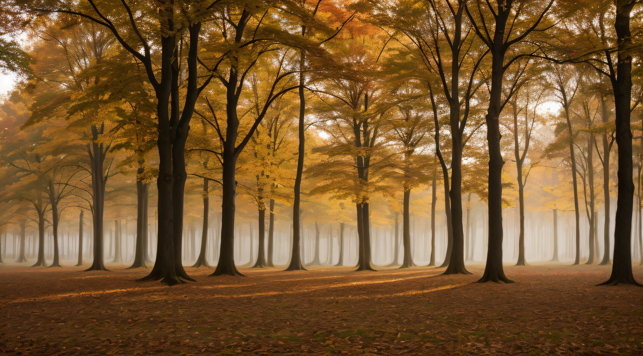 Фонтенбло, лес, Осенний рассвет, красочные листья