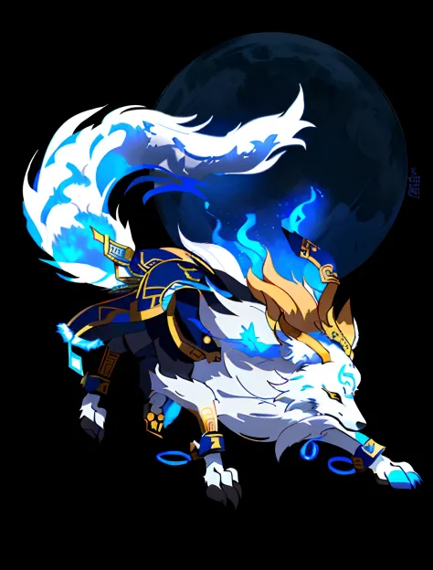 There is a drawing of a white and blue animal with a gold ring, fenrir, Amaterasu, kitsune three - tailed fox, mizutsune, Giant wolf with strong hair, Nine tails, author：Tan Yang Kano, Blue wolf, fox nobushi, Wolves full of wildness, Wolf wearing metal dec...