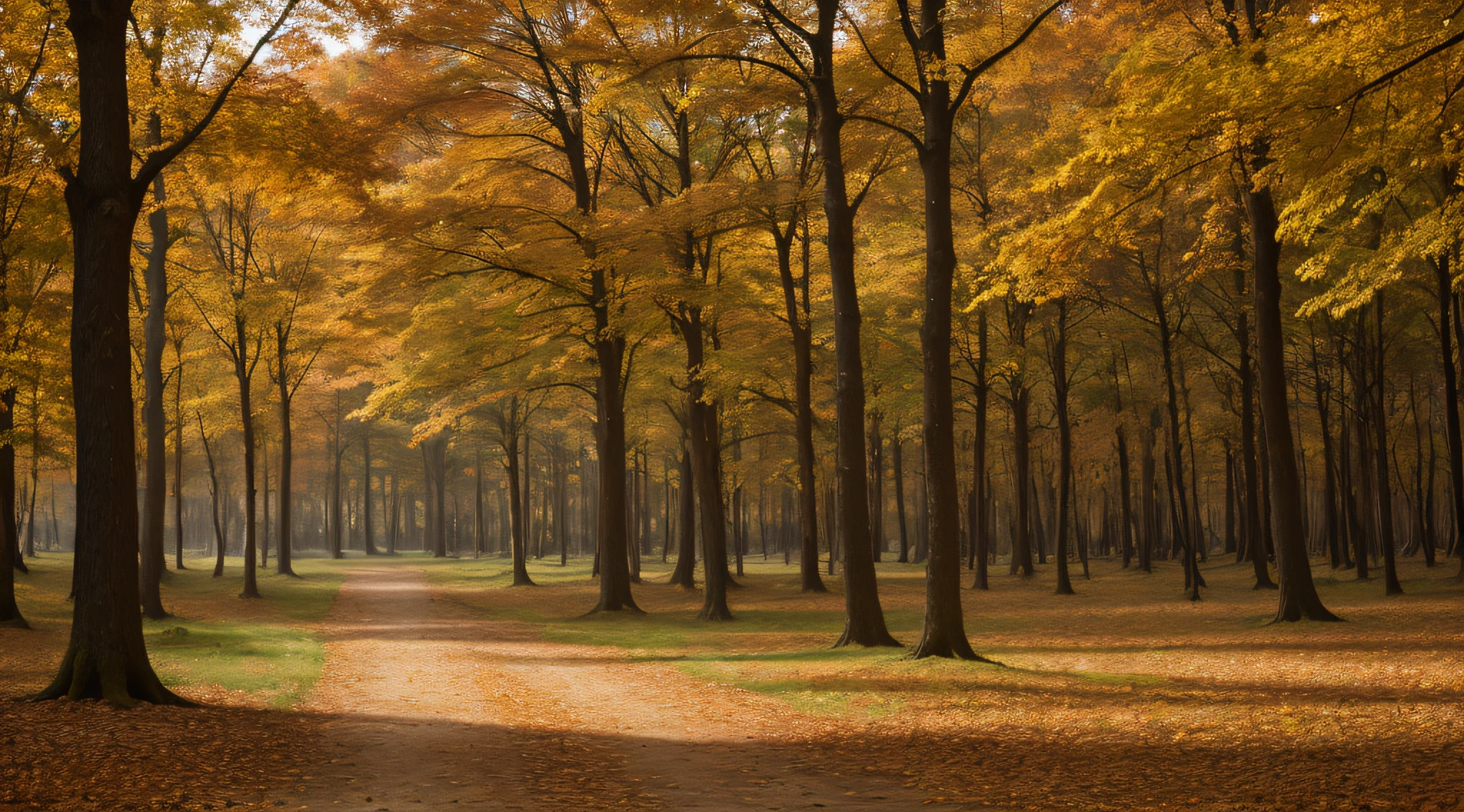 Fontainebleau, bosque, Amanecer de otoño, hojas coloridas