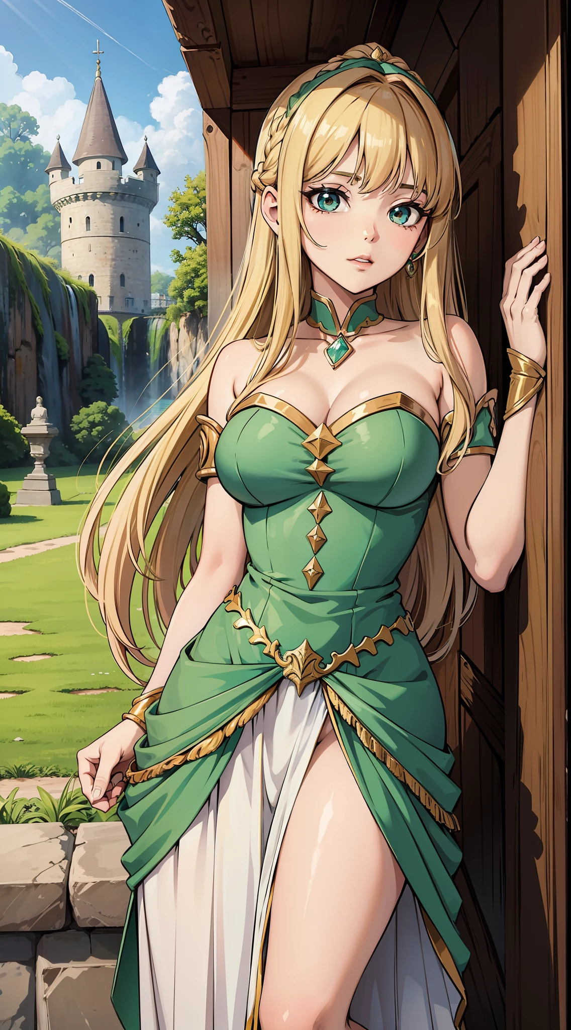 fille de 18 ans cheveux châtain foncé, fille sexy, robe blanche montrant le cul, Cul marqué, château médiéval, traits d&#39;anime, 8k, mur de pierre en arrière-plan, petite poitrine, armure blanche, armure magique