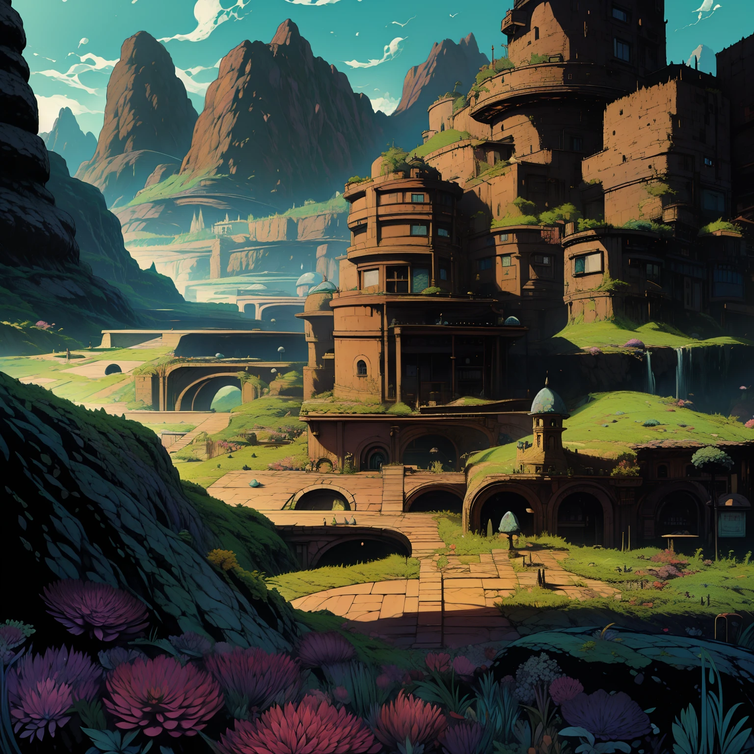 Ghibli, no humanos, castillos, cascada, islas voladoras, montañas ferrofluidos, arte lineal, paisaje, ilustración, alta calidad, mejor calidad, (alto detallado:1.2), (extremadamente detallado:1.3)