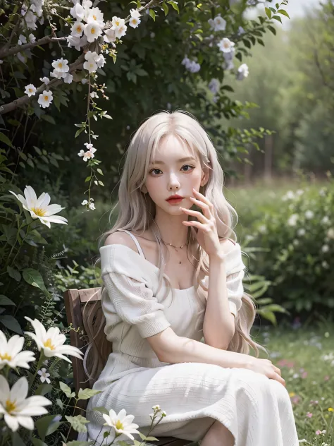 (masterpiece, best quality),1girl with long white hair sitting in a field of green plants and flowers, her hand under her chin, ...