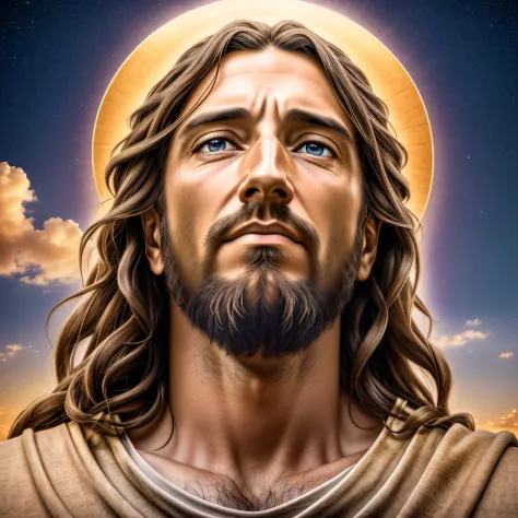 Award-winning realistic photo of Jesus Christ (looking up at the sky:1.3), expression conveying a sense of satisfaction and victory, hyper detailed 4k