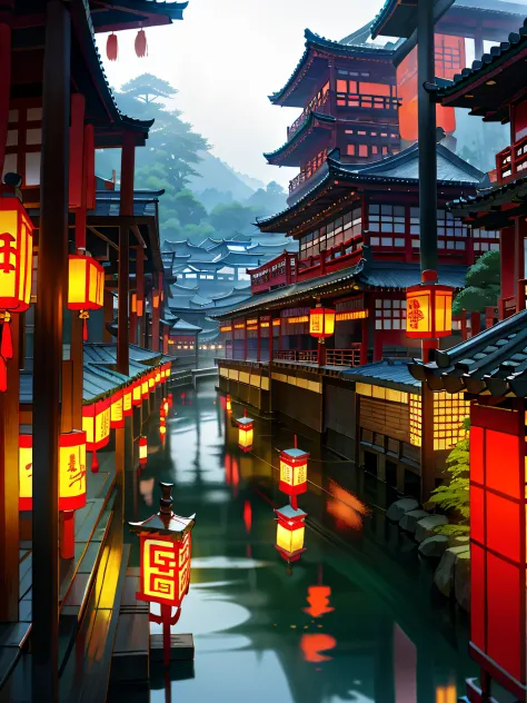 Alafed view of canal with red lanterns in Chinese village, dreamy Chinese towns, japanese town, kyoto inspired, japanese city, colorful kitsune city, beautiful render of tang dynasty, japanese village, ancient Chinese architecture, japanese city at night, ...