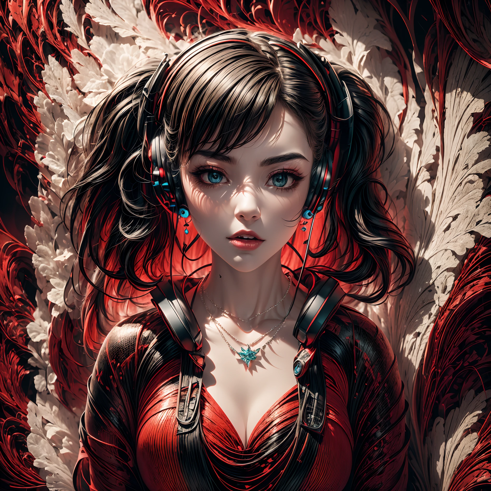 Best quality, masterpiece, high detail, contrast between light and dark, 8k, abstract art, (red and black themes: 1.1), flowers, dark background flowing, 1 girl,(full body:1.5),(((Earphones))), (((Earrings))), (((necklaces)))
Fractal,1girl,Cyberpunk