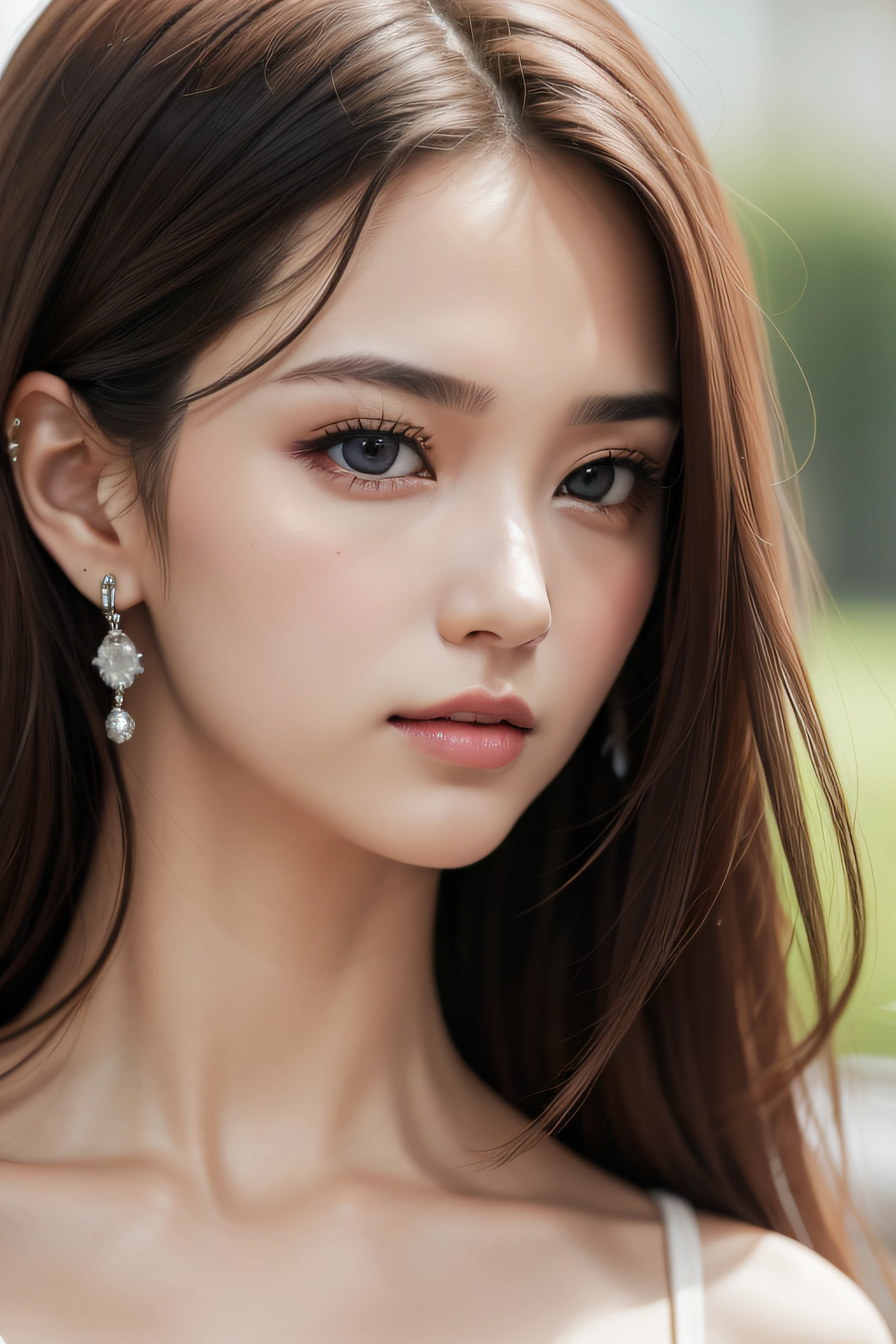 A pretty woman, delicate features directed gaze, Earrings - SeaArt AI