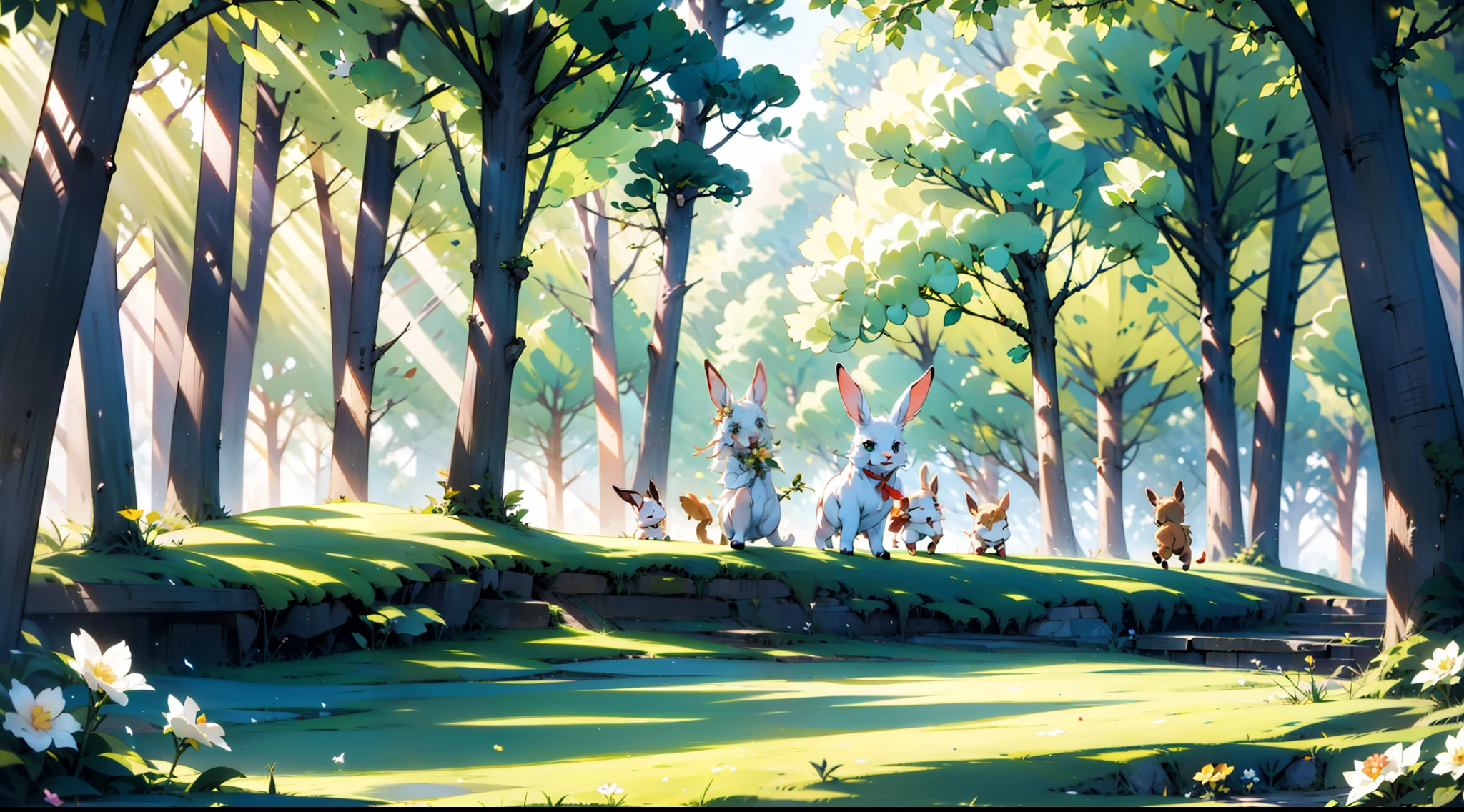 Warm sunlight shines on the green meadows，The white rabbit and other small animals run happily，light breeze，The trees and flowers exude bright colors