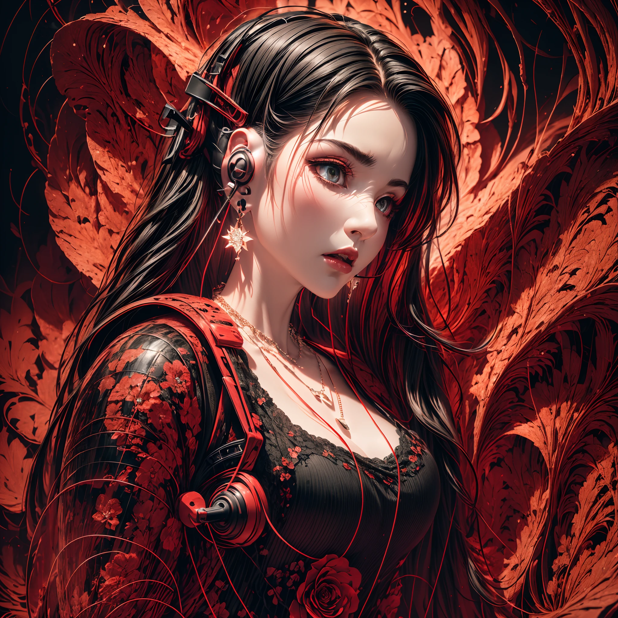 Best quality, masterpiece, high detail, contrast between light and dark, 8k, abstract art, (red and black themes: 1.1), flowers, dark background flowing, 1 girl,(full body:1.5),(((Earphones))), (((Earrings))), (((necklaces)))
Fractal,1girl,Cyberpunk