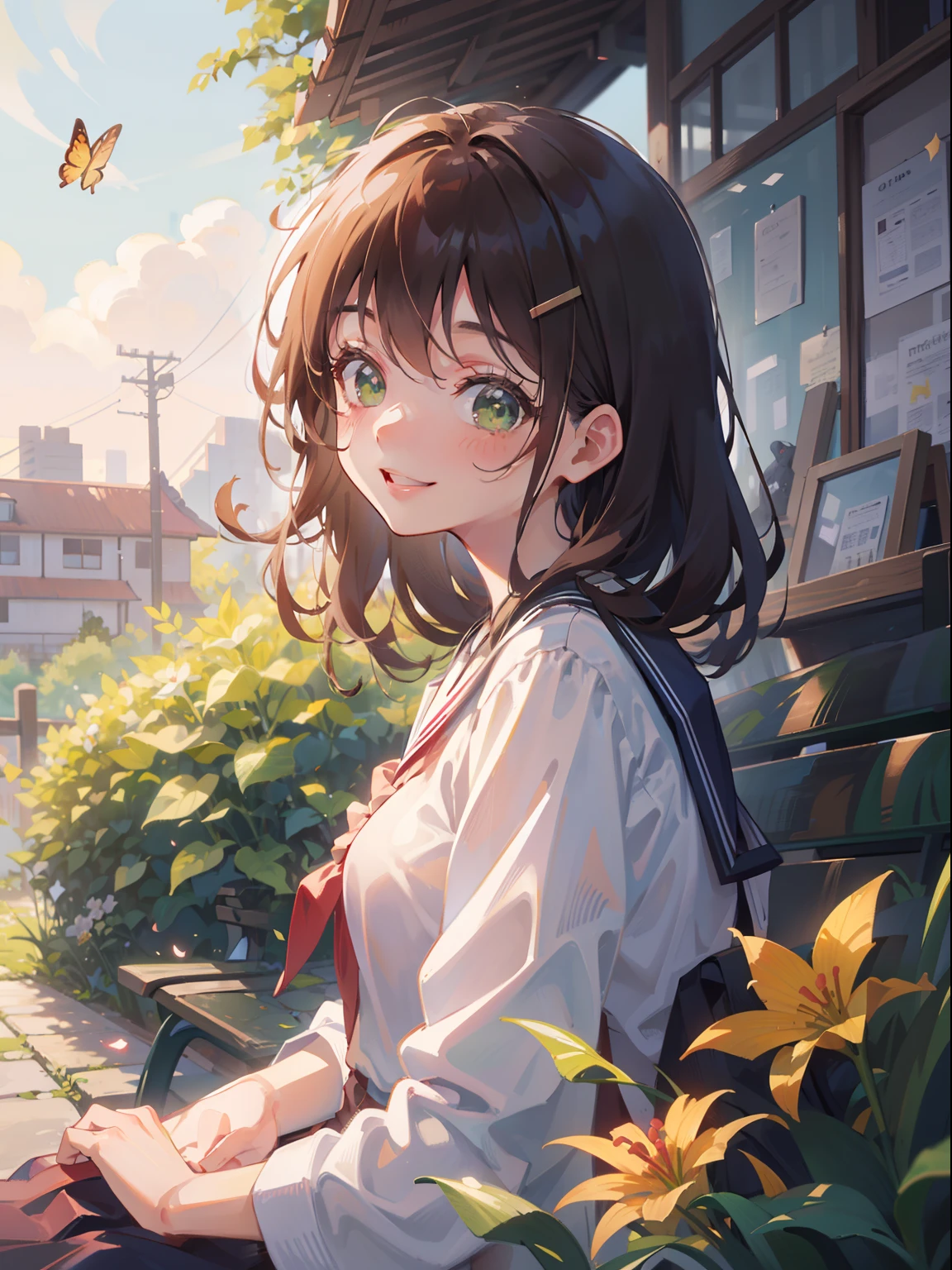 masterpiece), best quality, beautiful detailed hair detailed face, ultra high res, sharp focus, ((1 woman, solo)), perfect feminine face, upper body, medium long shot, MLS, (at the noon time:1.5), (from side), in garden, ((sitting on the bench)), leaf, flowers, butterflies, look at viewer, (japanese uniform:1.2), ((beautiful shape eyes, green eyes)), chesnut brown hair, messy long hair, smiles