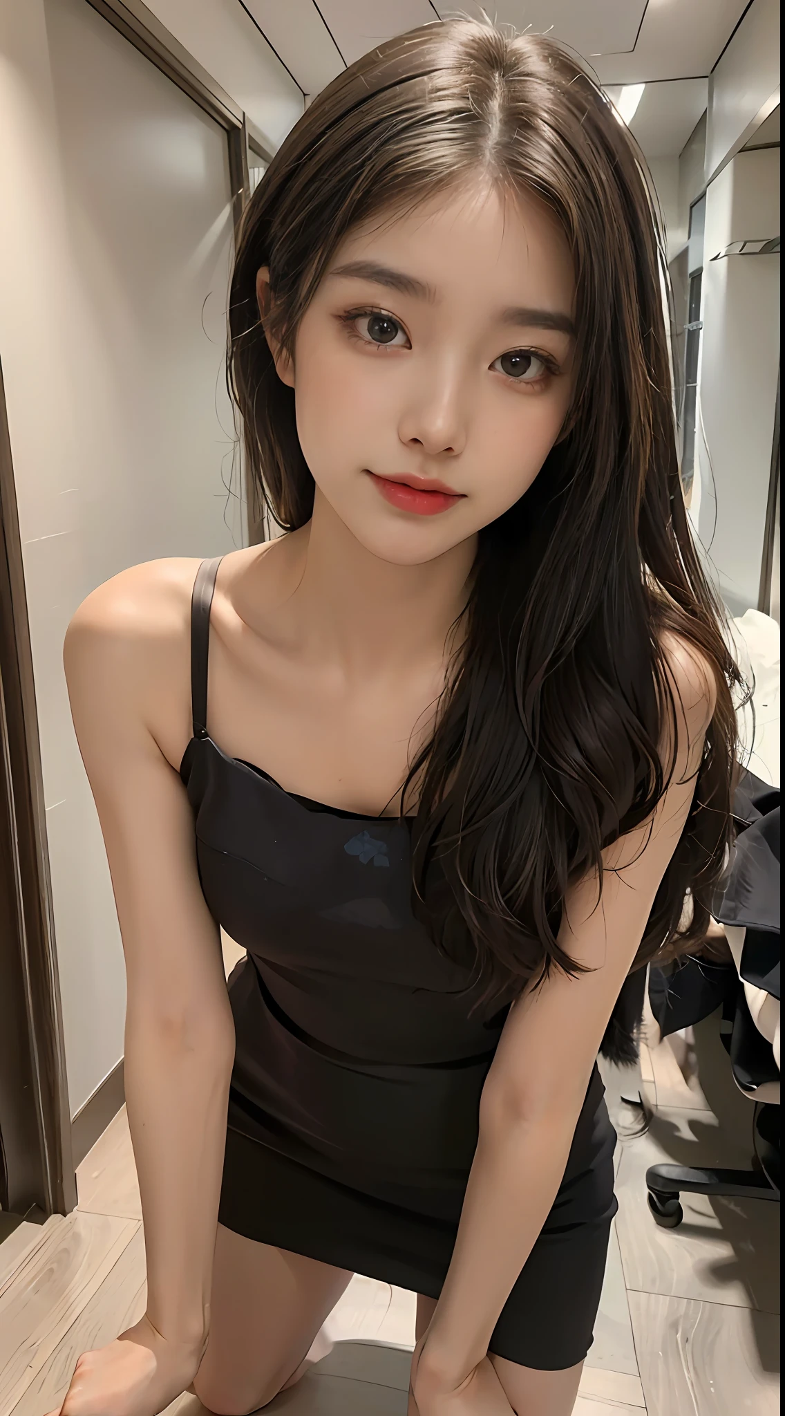 ((Best picture quality, 8K, tmasterpiece: 1.3)), self-shot, Sharp focus: 1.2, A cute beauty with a perfect figure: 1.4, Slim, ((Brown hair black)) , (Small flesh-colored dress，Highly detailed face，Happy expression，standing on your feet：1.2），（（The city of blue skies，simple bedrooms：1.3. Produced with a major focus on women）），Highly detailed facial and skin texture，Detailed eyes，二重まぶた