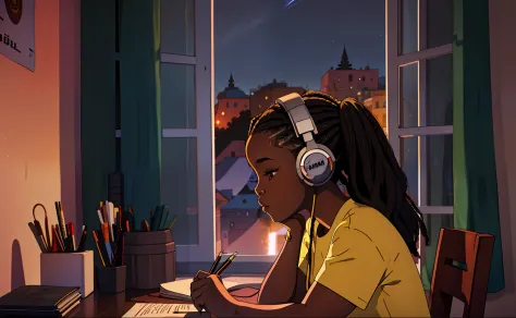"lofistudy, African girl writing from a side profile with long hair, wearing headphones and a t-shirt, sitting by a window with ...